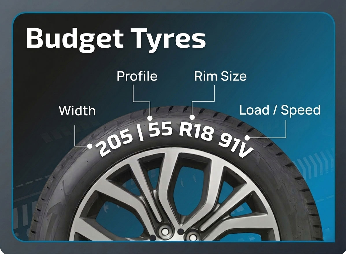 wheel image showing different tyre size, profile, rim size, load/speed